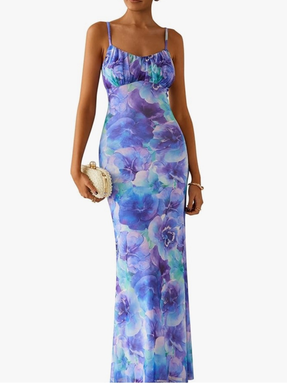Chic Nation Lavender and Aqua Floral Spaghetti-Strap Maxi Dress